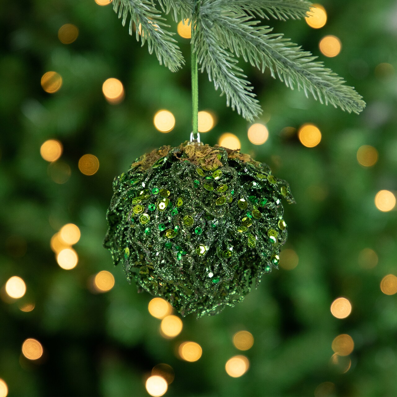 Northlight Sequin and Glitter Leaf Vines Christmas Ball Ornament - 4" - Green